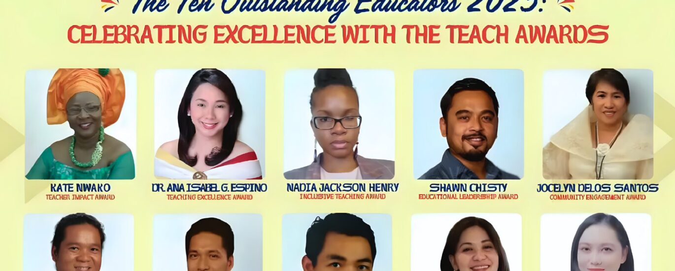 Promotional poster from the International Association of Multicultural and Filipino-American Educators (IAMFAME, Inc.) titled “The Ten Outstanding Educators 2025: Celebrating Excellence with the TEACH Awards.” The image features the IAMFAME logo at the top and headshots of ten awardees arranged in two rows. The honorees are Kate Nwako (Teacher Impact Award), Dr. Ana Isabel G. Espino (Teaching Excellence Award), Nadia Jackson Henry (Inclusive Teaching Award), Shawn Chisty (Educational Leadership Award), Jocelyn Delos Santos (Community Engagement Award), Arwin A. Alitagtag (Dedicated Service Award), Joel Dogelio (Pride Award), Arnold P. Librayo (Innovative Teaching Award), Bernadeth P. Peña (Peace Award), and Dr. Beverly Rose C. Platon (Inspiring Minds Award). The background is light yellow with celebratory design elements.