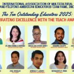 Promotional poster from the International Association of Multicultural and Filipino-American Educators (IAMFAME, Inc.) titled “The Ten Outstanding Educators 2025: Celebrating Excellence with the TEACH Awards.” The image features the IAMFAME logo at the top and headshots of ten awardees arranged in two rows. The honorees are Kate Nwako (Teacher Impact Award), Dr. Ana Isabel G. Espino (Teaching Excellence Award), Nadia Jackson Henry (Inclusive Teaching Award), Shawn Chisty (Educational Leadership Award), Jocelyn Delos Santos (Community Engagement Award), Arwin A. Alitagtag (Dedicated Service Award), Joel Dogelio (Pride Award), Arnold P. Librayo (Innovative Teaching Award), Bernadeth P. Peña (Peace Award), and Dr. Beverly Rose C. Platon (Inspiring Minds Award). The background is light yellow with celebratory design elements.