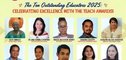 Promotional poster from the International Association of Multicultural and Filipino-American Educators (IAMFAME, Inc.) titled “The Ten Outstanding Educators 2025: Celebrating Excellence with the TEACH Awards.” The image features the IAMFAME logo at the top and headshots of ten awardees arranged in two rows. The honorees are Kate Nwako (Teacher Impact Award), Dr. Ana Isabel G. Espino (Teaching Excellence Award), Nadia Jackson Henry (Inclusive Teaching Award), Shawn Chisty (Educational Leadership Award), Jocelyn Delos Santos (Community Engagement Award), Arwin A. Alitagtag (Dedicated Service Award), Joel Dogelio (Pride Award), Arnold P. Librayo (Innovative Teaching Award), Bernadeth P. Peña (Peace Award), and Dr. Beverly Rose C. Platon (Inspiring Minds Award). The background is light yellow with celebratory design elements.