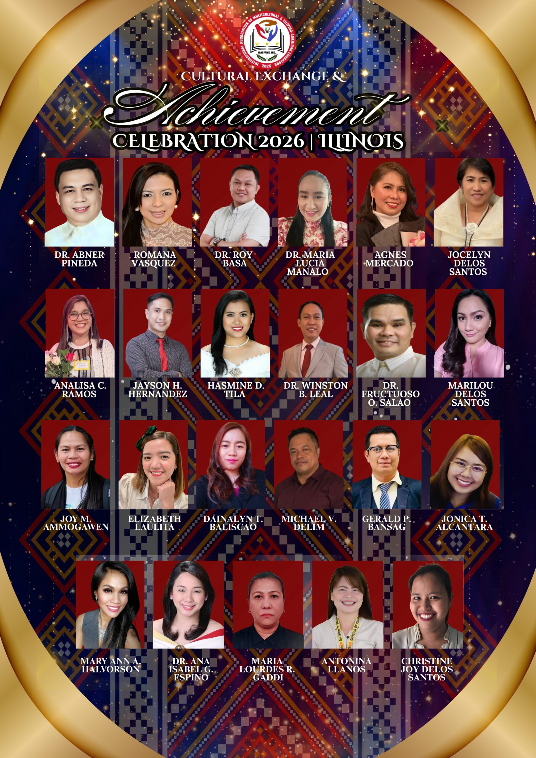 Promotional banner for IAM FAME Inc. featuring the 2026 Filipino Educators Cultural Celebration. The graphic includes a collage of smiling Filipino teachers in professional attire set against a gold and blue background with the text "A Tribute to Excellence and Dedication."