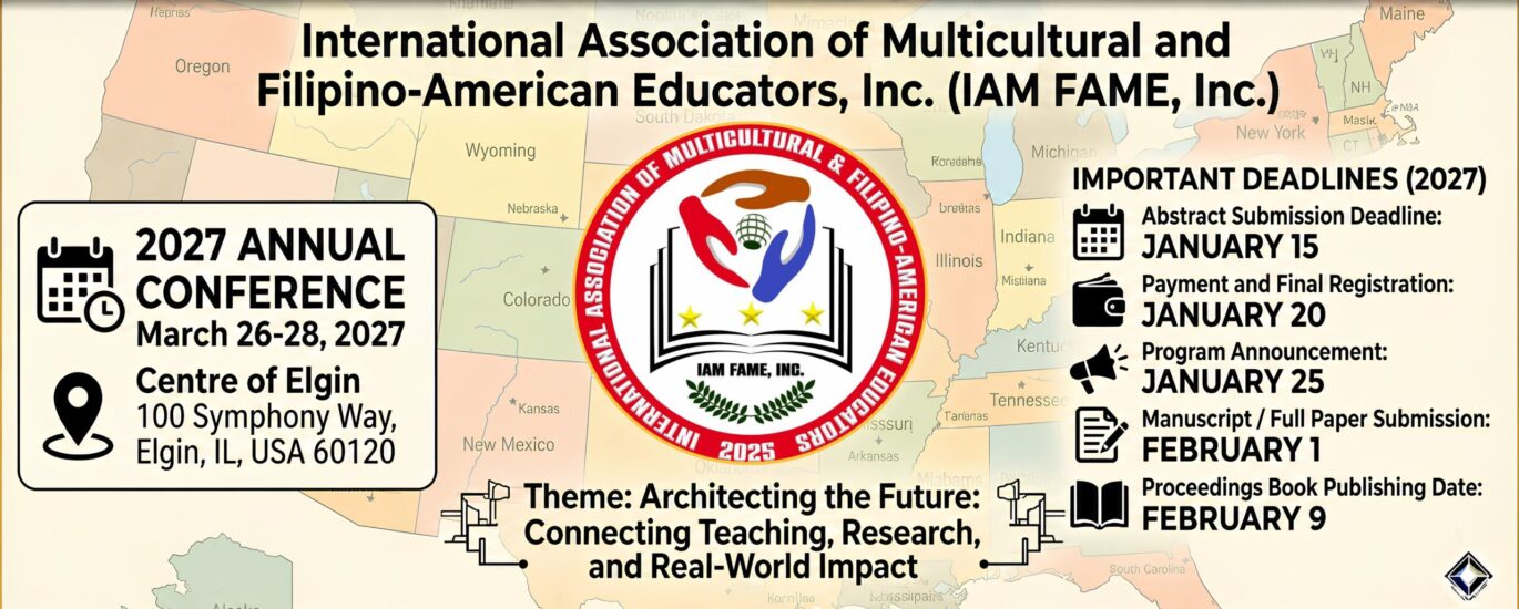 Call for Papers poster for the 2027 Annual Conference of the International Association of Multicultural and Filipino-American Educators, Inc. (IAM FAME, Inc.). The conference will be held on March 26–28, 2027, at the Centre of Elgin, 100 Symphony Way, Elgin, Illinois, USA. The poster features a map of the United States as the background and the IAM FAME logo at the center. The conference theme is “Architecting the Future: Connecting Teaching, Research, and Real-World Impact.” Important deadlines include: Abstract Submission – January 15, 2027; Payment and Final Registration – January 20, 2027; Program Announcement – January 25, 2027; Manuscript/Full Paper Submission – February 1, 2027; and Proceedings Book Publishing Date – February 9, 2027. Registration information is available at iamfame.uno.