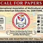 Call for Papers poster for the 2027 Annual Conference of the International Association of Multicultural and Filipino-American Educators, Inc. (IAM FAME, Inc.). The conference will be held on March 26–28, 2027, at the Centre of Elgin, 100 Symphony Way, Elgin, Illinois, USA. The poster features a map of the United States as the background and the IAM FAME logo at the center. The conference theme is “Architecting the Future: Connecting Teaching, Research, and Real-World Impact.” Important deadlines include: Abstract Submission – January 15, 2027; Payment and Final Registration – January 20, 2027; Program Announcement – January 25, 2027; Manuscript/Full Paper Submission – February 1, 2027; and Proceedings Book Publishing Date – February 9, 2027. Registration information is available at iamfame.uno.